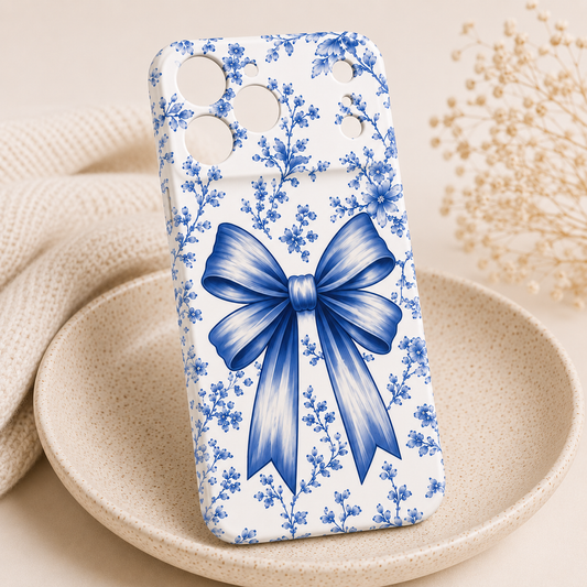 Blue Toile Bow Phone Case | Coquette Collection | Glossy Protective Phone Case | iPhone & Samsung | by Resilient MJ
