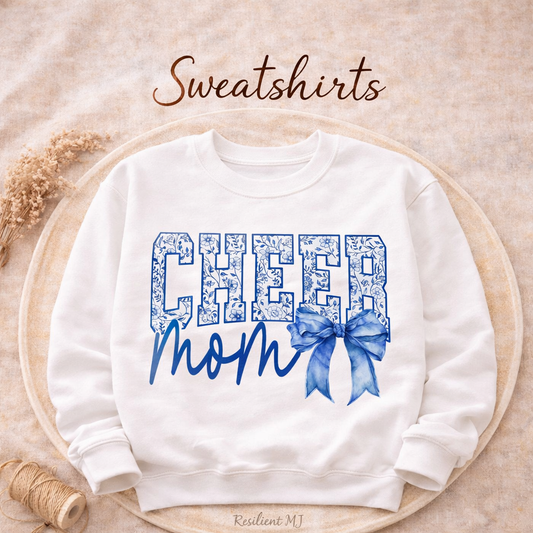 CHEER Mom Sweatshirt – Blue Floral Cheer Mom Crewneck with Bow | Cheerleading Mom Gift | Game Day Cheer Mom Shirt