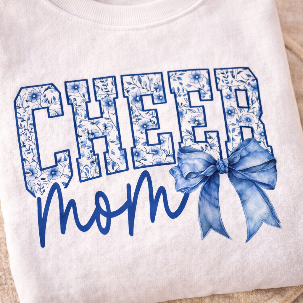 CHEER Mom Sweatshirt – Blue Floral Cheer Mom Crewneck with Bow | Cheerleading Mom Gift | Game Day Cheer Mom Shirt