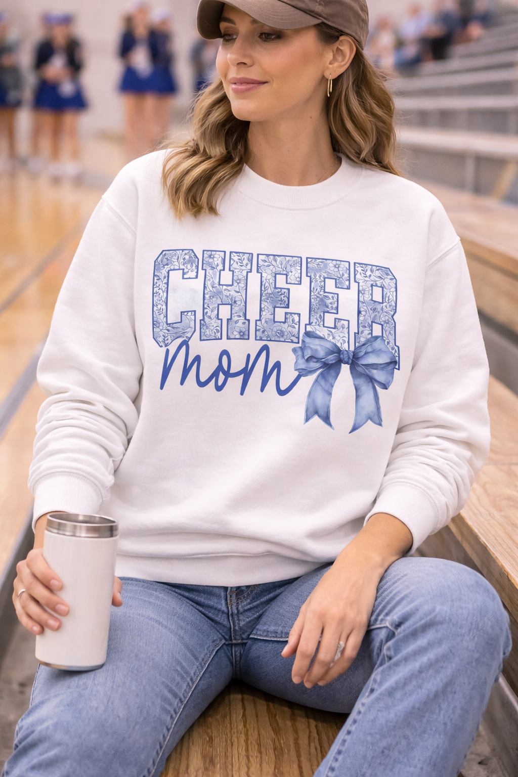 CHEER Mom Sweatshirt – Blue Floral Cheer Mom Crewneck with Bow | Cheerleading Mom Gift | Game Day Cheer Mom Shirt