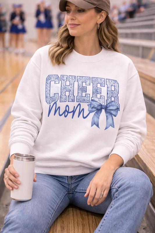 CHEER Mom Sweatshirt – Blue Floral Cheer Mom Crewneck with Bow | Cheerleading Mom Gift | Game Day Cheer Mom Shirt